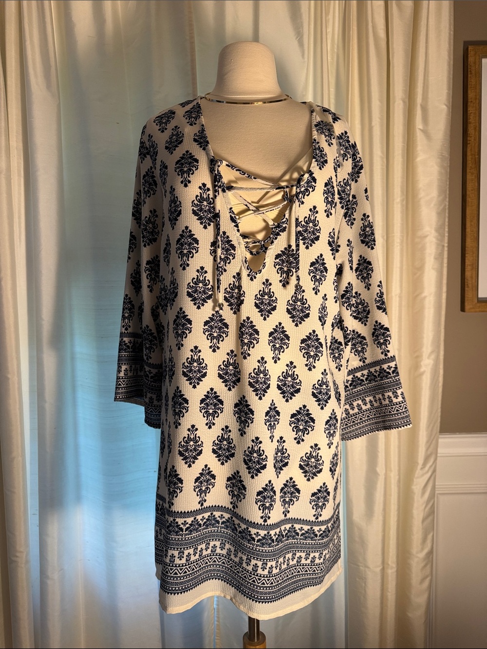 Cream and Navy Lace-Up Midi Dress with Damask Print